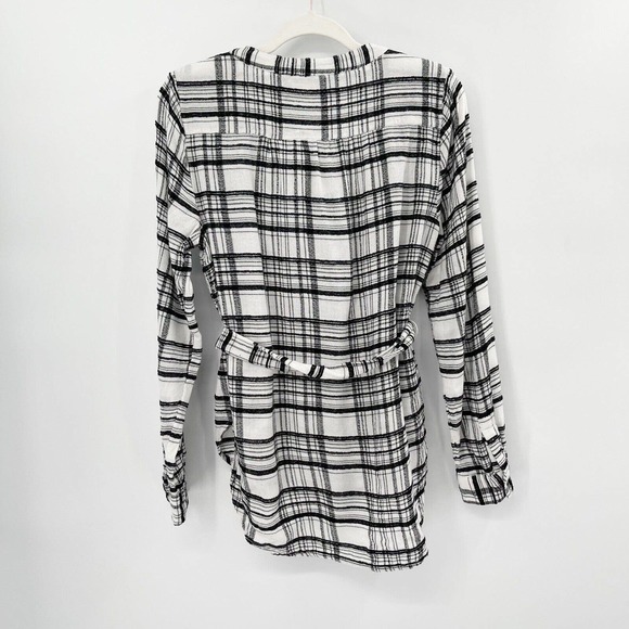 Anthropologie Plaid Belted Top Button Down Size 2P Black White Tie Waist Wool‎ - Picture 10 of 10